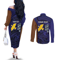 Personalised PNG Manus Province Couples Matching Off The Shoulder Long Sleeve Dress and Long Sleeve Button Shirt Bird of Paradise Tattoo Flag Motif LT9 - Polynesian Pride