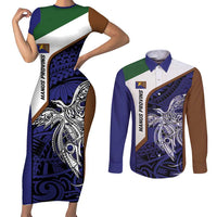 Personalised PNG Manus Province Couples Matching Short Sleeve Bodycon Dress and Long Sleeve Button Shirt Bird of Paradise Tattoo Flag Motif LT9 Blue - Polynesian Pride