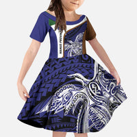 Personalised PNG Manus Province Family Matching Off The Shoulder Long Sleeve Dress and Hawaiian Shirt Bird of Paradise Tattoo Flag Motif LT9 Daughter's Dress Blue - Polynesian Pride