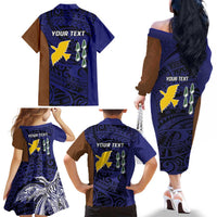 Personalised PNG Manus Province Family Matching Off The Shoulder Long Sleeve Dress and Hawaiian Shirt Bird of Paradise Tattoo Flag Motif LT9 - Polynesian Pride