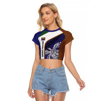 Personalised PNG Manus Province Raglan Cropped T Shirt Bird of Paradise Tattoo Flag Motif LT9 Female Blue - Polynesian Pride
