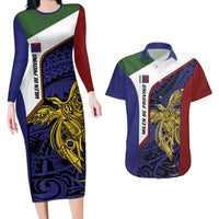 Personalised PNG Milne Bay Province Couples Matching Long Sleeve Bodycon Dress and Hawaiian Shirt Bird of Paradise Tattoo Flag Motif LT9 Blue - Polynesian Pride