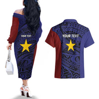 Personalised PNG Milne Bay Province Couples Matching Off The Shoulder Long Sleeve Dress and Hawaiian Shirt Bird of Paradise Tattoo Flag Motif LT9 - Polynesian Pride