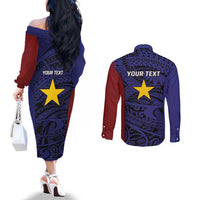 Personalised PNG Milne Bay Province Couples Matching Off The Shoulder Long Sleeve Dress and Long Sleeve Button Shirt Bird of Paradise Tattoo Flag Motif LT9 - Polynesian Pride