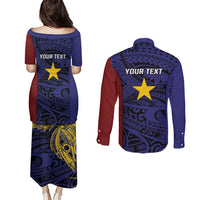 Personalised PNG Milne Bay Province Couples Matching Puletasi and Long Sleeve Button Shirt Bird of Paradise Tattoo Flag Motif LT9 - Polynesian Pride