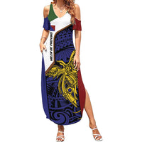 Personalised PNG Milne Bay Province Family Matching Summer Maxi Dress and Hawaiian Shirt Bird of Paradise Tattoo Flag Motif LT9 Mom's Dress Blue - Polynesian Pride