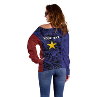 Personalised PNG Milne Bay Province Off Shoulder Sweater Bird of Paradise Tattoo Flag Motif LT9 - Polynesian Pride