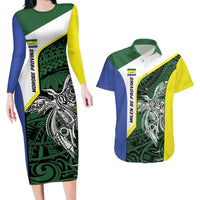 Personalised PNG Morobe Province Couples Matching Long Sleeve Bodycon Dress and Hawaiian Shirt Bird of Paradise Tattoo Flag Motif LT9 Green - Polynesian Pride