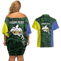 Personalised PNG Morobe Province Couples Matching Off Shoulder Short Dress and Hawaiian Shirt Bird of Paradise Tattoo Flag Motif LT9 - Polynesian Pride