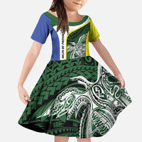 Personalised PNG Morobe Province Family Matching Long Sleeve Bodycon Dress and Hawaiian Shirt Bird of Paradise Tattoo Flag Motif LT9 Daughter's Dress Green - Polynesian Pride