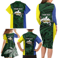 Personalised PNG Morobe Province Family Matching Long Sleeve Bodycon Dress and Hawaiian Shirt Bird of Paradise Tattoo Flag Motif LT9 - Polynesian Pride
