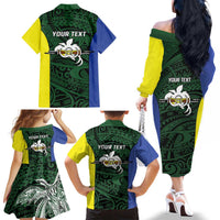 Personalised PNG Morobe Province Family Matching Off The Shoulder Long Sleeve Dress and Hawaiian Shirt Bird of Paradise Tattoo Flag Motif LT9 - Polynesian Pride