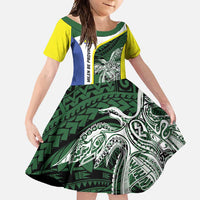 Personalised PNG Morobe Province Family Matching Off Shoulder Maxi Dress and Hawaiian Shirt Bird of Paradise Tattoo Flag Motif LT9 Daughter's Dress Green - Polynesian Pride