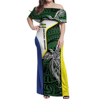 Personalised PNG Morobe Province Off Shoulder Maxi Dress Bird of Paradise Tattoo Flag Motif LT9 Women Green - Polynesian Pride