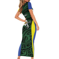 Personalised PNG Morobe Province Short Sleeve Bodycon Dress Bird of Paradise Tattoo Flag Motif LT9 - Polynesian Pride