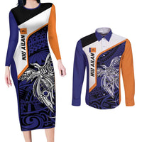 Personalised PNG New Ireland Couples Matching Long Sleeve Bodycon Dress and Long Sleeve Button Shirt Bird of Paradise Tattoo Flag Motif LT9 Orange - Polynesian Pride