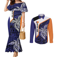 Personalised PNG New Ireland Couples Matching Mermaid Dress and Long Sleeve Button Shirt Bird of Paradise Tattoo Flag Motif LT9 Orange - Polynesian Pride