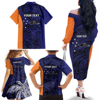 Personalised PNG New Ireland Family Matching Off The Shoulder Long Sleeve Dress and Hawaiian Shirt Bird of Paradise Tattoo Flag Motif LT9 - Polynesian Pride