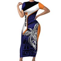 Personalised PNG New Ireland Short Sleeve Bodycon Dress Bird of Paradise Tattoo Flag Motif LT9 Long Dress Orange - Polynesian Pride