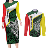 Personalised PNG Oro Province Couples Matching Long Sleeve Bodycon Dress and Long Sleeve Button Shirt Bird of Paradise Tattoo Flag Motif LT9 Green - Polynesian Pride