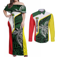 Personalised PNG Oro Province Couples Matching Off Shoulder Maxi Dress and Long Sleeve Button Shirt Bird of Paradise Tattoo Flag Motif LT9 Green - Polynesian Pride
