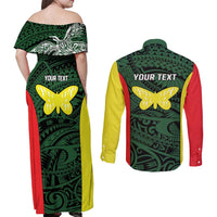 Personalised PNG Oro Province Couples Matching Off Shoulder Maxi Dress and Long Sleeve Button Shirt Bird of Paradise Tattoo Flag Motif LT9 - Polynesian Pride