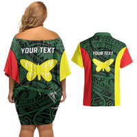 Personalised PNG Oro Province Couples Matching Off Shoulder Short Dress and Hawaiian Shirt Bird of Paradise Tattoo Flag Motif LT9 - Polynesian Pride