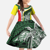 Personalised PNG Oro Province Family Matching Off Shoulder Maxi Dress and Hawaiian Shirt Bird of Paradise Tattoo Flag Motif LT9 Daughter's Dress Green - Polynesian Pride