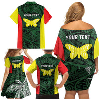 Personalised PNG Oro Province Family Matching Off Shoulder Short Dress and Hawaiian Shirt Bird of Paradise Tattoo Flag Motif LT9 - Polynesian Pride