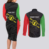 Personalised PNG Southern Highlands Province Couples Matching Long Sleeve Bodycon Dress and Long Sleeve Button Shirt Bird of Paradise Tattoo Flag Motif LT9 - Polynesian Pride