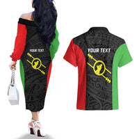 Personalised PNG Southern Highlands Province Couples Matching Off The Shoulder Long Sleeve Dress and Hawaiian Shirt Bird of Paradise Tattoo Flag Motif LT9 - Polynesian Pride