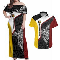 Personalised PNG Western Province Couples Matching Off Shoulder Maxi Dress and Hawaiian Shirt Bird of Paradise Tattoo Flag Motif LT9 Red - Polynesian Pride