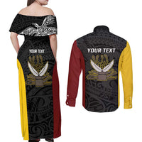 Personalised PNG Western Province Couples Matching Off Shoulder Maxi Dress and Long Sleeve Button Shirt Bird of Paradise Tattoo Flag Motif LT9 - Polynesian Pride