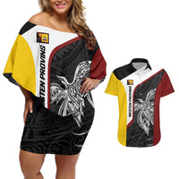Personalised PNG Western Province Couples Matching Off Shoulder Short Dress and Hawaiian Shirt Bird of Paradise Tattoo Flag Motif LT9 Red - Polynesian Pride