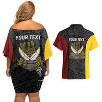 Personalised PNG Western Province Couples Matching Off Shoulder Short Dress and Hawaiian Shirt Bird of Paradise Tattoo Flag Motif LT9 - Polynesian Pride