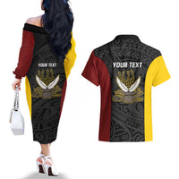 Personalised PNG Western Province Couples Matching Off The Shoulder Long Sleeve Dress and Hawaiian Shirt Bird of Paradise Tattoo Flag Motif LT9 - Polynesian Pride