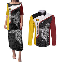 Personalised PNG Western Province Couples Matching Puletasi and Long Sleeve Button Shirt Bird of Paradise Tattoo Flag Motif LT9 Red - Polynesian Pride