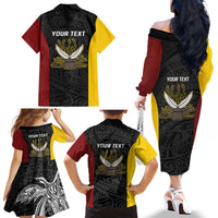 Personalised PNG Western Province Family Matching Off The Shoulder Long Sleeve Dress and Hawaiian Shirt Bird of Paradise Tattoo Flag Motif LT9 - Polynesian Pride