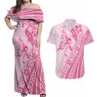 Pacific Girl and Butterfly Cancer Ribbon Personalised Couples Matching Off Shoulder Maxi Dress and Hawaiian Shirt LT9 Pink - Polynesian Pride