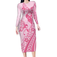 Pacific Girl and Butterfly Cancer Ribbon Personalised Family Matching Long Sleeve Bodycon Dress and Hawaiian Shirt LT9 Mom's Dress Pink - Polynesian Pride