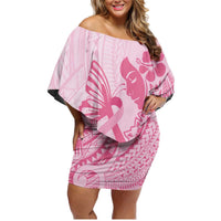 Pacific Girl and Butterfly Cancer Ribbon Personalised Family Matching Off Shoulder Short Dress and Hawaiian Shirt LT9 Mom's Dress Pink - Polynesian Pride