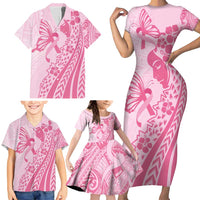 Pacific Girl and Butterfly Cancer Ribbon Personalised Family Matching Short Sleeve Bodycon Dress and Hawaiian Shirt LT9 - Polynesian Pride