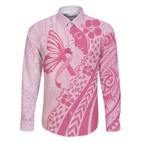 Pacific Girl and Butterfly Cancer Ribbon Personalised Family Matching Tank Maxi Dress and Hawaiian Shirt LT9 Dad's Shirt - Long Sleeve Pink - Polynesian Pride