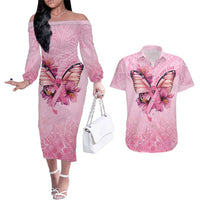 Faith Hope Love Butterfly Ribbon Personalised Couples Matching Off The Shoulder Long Sleeve Dress and Hawaiian Shirt LT9 Pink - Polynesian Pride