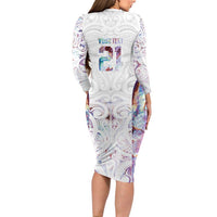 Custom New Zealand Aotearoa Long Sleeve Bodycon Dress Pink Maori Paua Shell Indigenous - Polynesian Pride