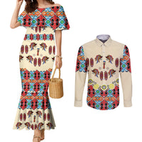 Papua Batik Motif Bird Of Paradise and Native Papuan Shield Couples Matching Mermaid Dress and Long Sleeve Button Shirt LT9 Beige - Polynesian Pride