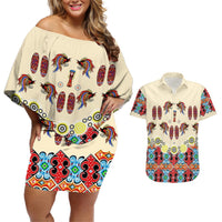 Papua Batik Motif Bird Of Paradise and Native Papuan Shield Couples Matching Off Shoulder Short Dress and Hawaiian Shirt LT9 Beige - Polynesian Pride
