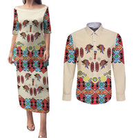 Papua Batik Motif Bird Of Paradise and Native Papuan Shield Couples Matching Puletasi Dress and Long Sleeve Button Shirt LT9 Beige - Polynesian Pride