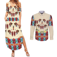 Papua Batik Motif Bird Of Paradise and Native Papuan Shield Couples Matching Summer Maxi Dress and Long Sleeve Button Shirt LT9 Beige - Polynesian Pride