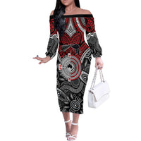 Aotearoa and Australia Family Matching Off The Shoulder Long Sleeve Dress and Hawaiian Shirt New Zealand Honour The Treaty Ake!Ake!Ake! LT9 Mom's Dress Red - Polynesian Pride